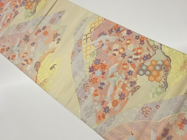 山に鶴・花々・古典柄模様織出し袋帯